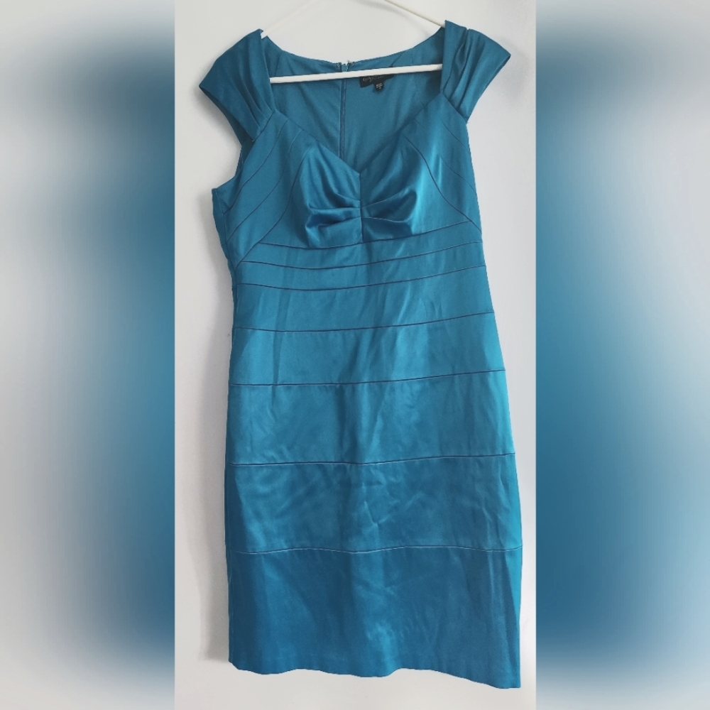 Signature By Sangria Teal Blue Cap Sleeve Below the Knee Satiny Formal Dress